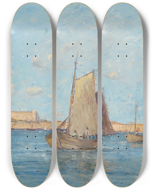 Triptych art skateboard deck of Andor Zllich Von Zllborn Capodistria An Der Adria by Andor Zullich Von Zullborn (1870-1933)