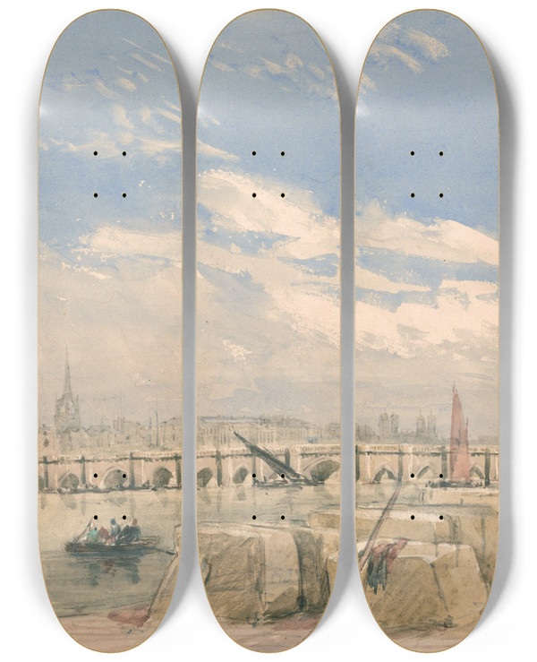 Triptych art skateboard deck of David Cox London Bridge by David Cox (1783-1859)