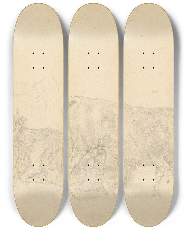 Triptych art skateboard deck of Sawrey Gilpin Study Of Cattle Bull In Foreground Facing Right by Sawrey Gilpin (1733-1807)
