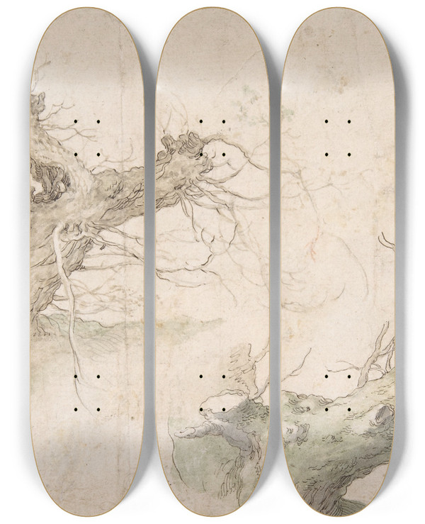 Triptych art skateboard deck of Abraham Bloemaert Studies Of Two Pollard Willows by Abraham Bloemaert (1564-1651)