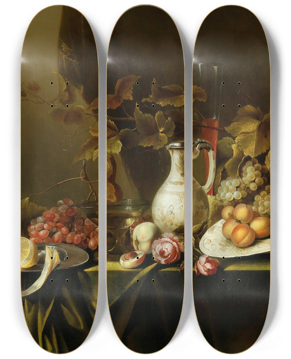 Triptych art skateboard deck of Michiel Simons Fruit Flowers A Boiled Lobster And A Jug by Michiel Simons (1620-1673)