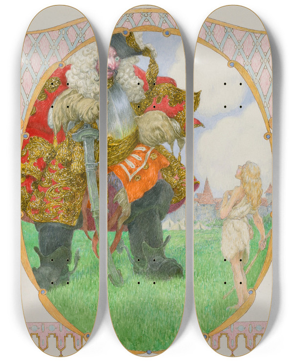 Triptych art skateboard deck of Heinrich Lefler David And Goliath by Heinrich Lefler (1863-1919)