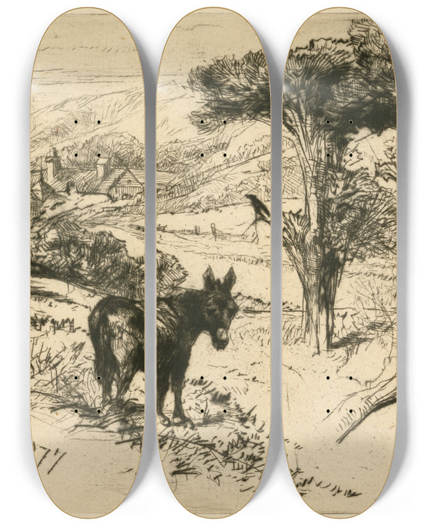 Triptych art skateboard deck of Francis Seymour Haden Challow Farm by Francis Seymour Haden (1818-1910)
