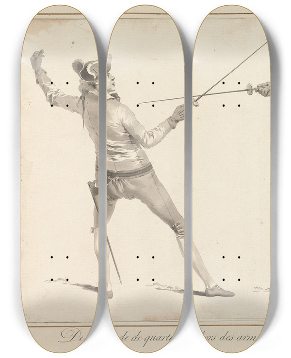 Triptych art skateboard deck of James Gwin De La Parade De Quarte Au Dehors Des Armes Sur Le Coup De Quarte Hors Des Armes by James Gwin (1720-1769)