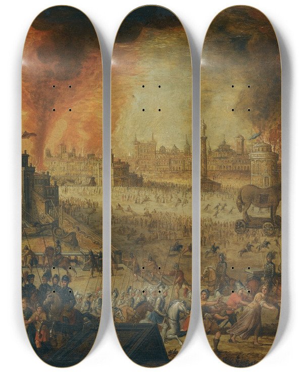 Triptych art skateboard deck of Flemish School The Burning Of Troy by Flemish School