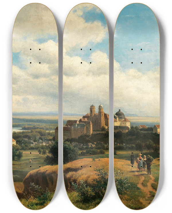 Triptych art skateboard deck of Ludwig Halauska A View Of Klosterneuburg Monastery by Ludwig Halauska (1827-1882)