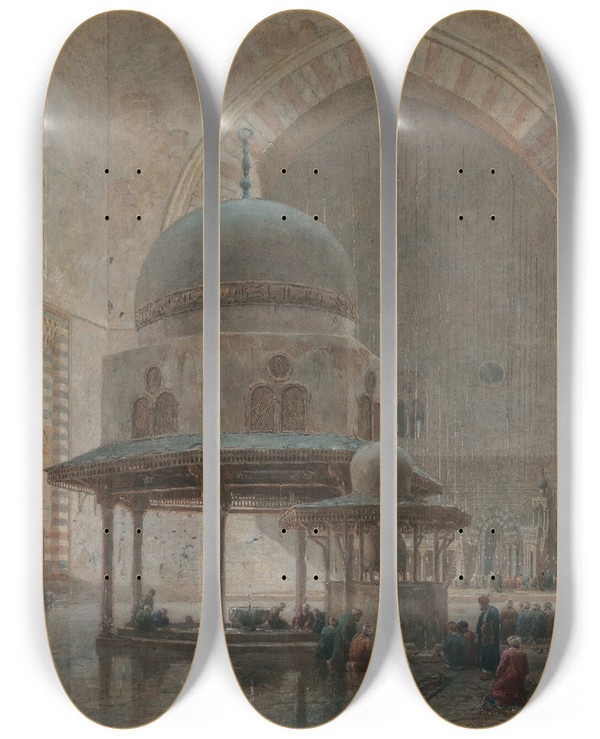Triptych art skateboard deck of Edward Angelo Goodall The Interior Of Sultan Hassan Mosque Cairo by Edward Angelo Goodall (1819-1908)