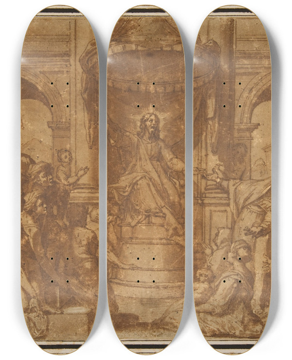 Triptych art skateboard deck of After Federico Zuccaro Christ Preaching by After Federico Zuccaro (1541-1609)