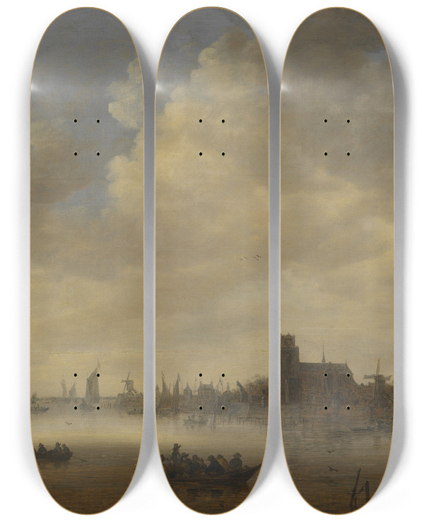 Triptych art skateboard deck of Jan Van Goyen View From Dordrecht_2 by Jan Van Goyen (1596-1656)