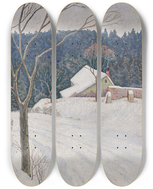 Triptych art skateboard deck of Max Kahrer Winter Beim Kferkreuzwldchen by Max Kahrer (1878-1937)