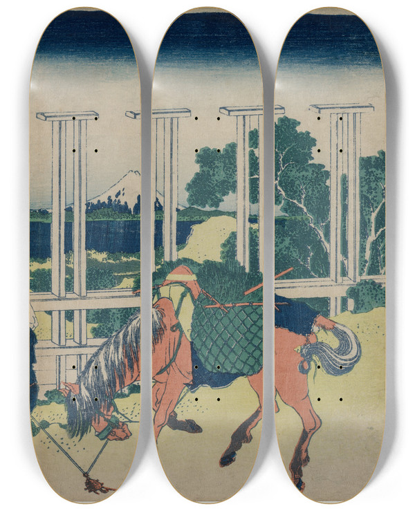 Triptych art skateboard deck of Katsushika Hokusai The Weir At Senju In Musashi Province From The Series Thirtysix Views Of Mt Fuji by Katsushika Hokusai (1760-1849)