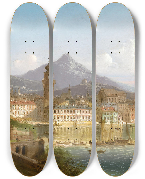 Triptych art skateboard deck of Johann Wilhelm Jankowsky Riva On Lake Garda by Johann Wilhelm Jankowsky (1825-1870)