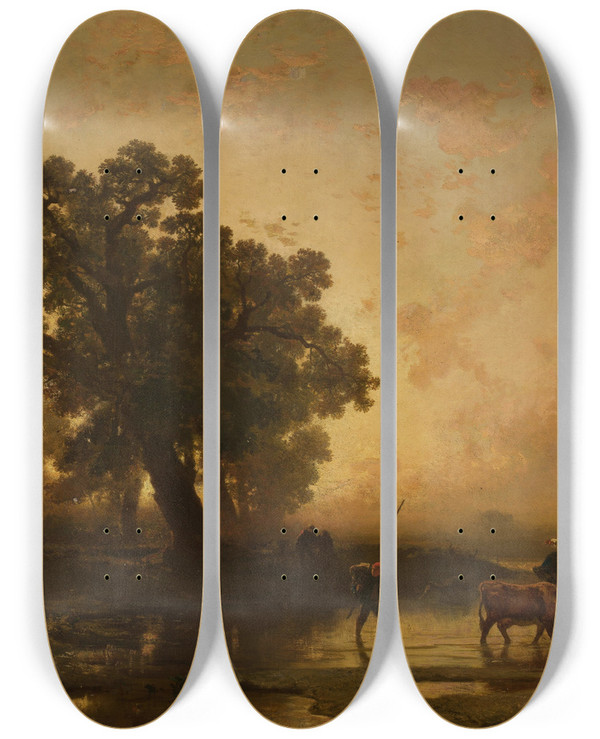 Triptych art skateboard deck of Charles Hoguet Riverside Landscape At Sunset by Charles Hoguet (1821-1870)