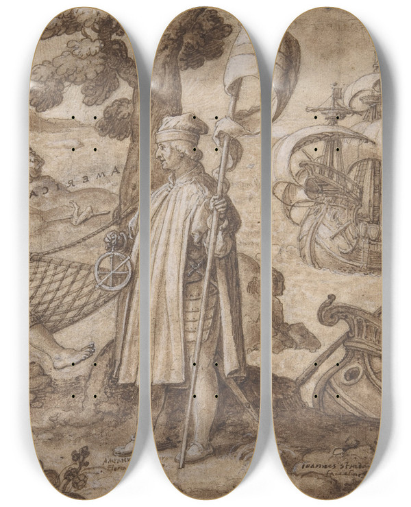 Triptych art skateboard deck of Jan Van Der Straet Allegory Of America by Jan van der Straet (1523-1605)