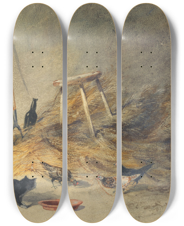 Triptych art skateboard deck of Newton Limbird Smith Fielding A Cat And Chickens by Newton Limbird Smith Fielding