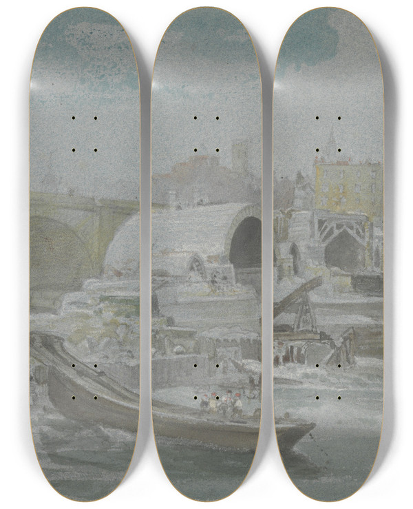 Triptych art skateboard deck of George Arnald The Demolition Of Old London Bridge by George Arnald (1763-1841)