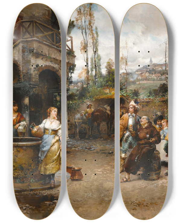 Triptych art skateboard deck of Cesare Auguste Detti A Conversation At The Well by Cesare Auguste Detti (1847-1914)