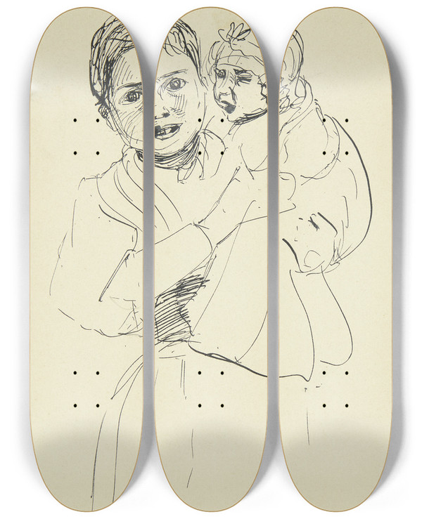 Triptych art skateboard deck of Peter Hansen Italiensk Kvinde Med Barn P Armen by Peter Hansen (1868-1928)