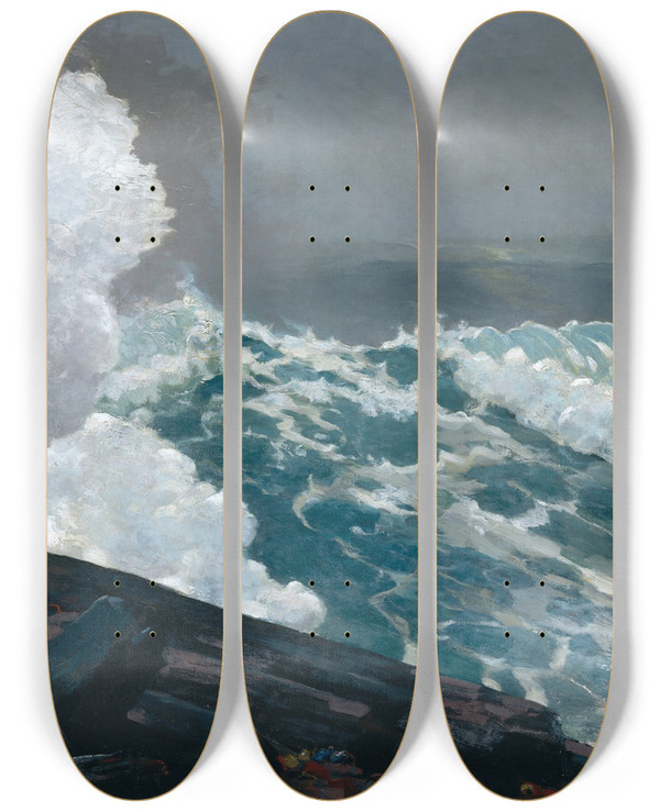 Triptych art skateboard deck of Winslow Homer Northeaster by Winslow Homer (1836-1910)
