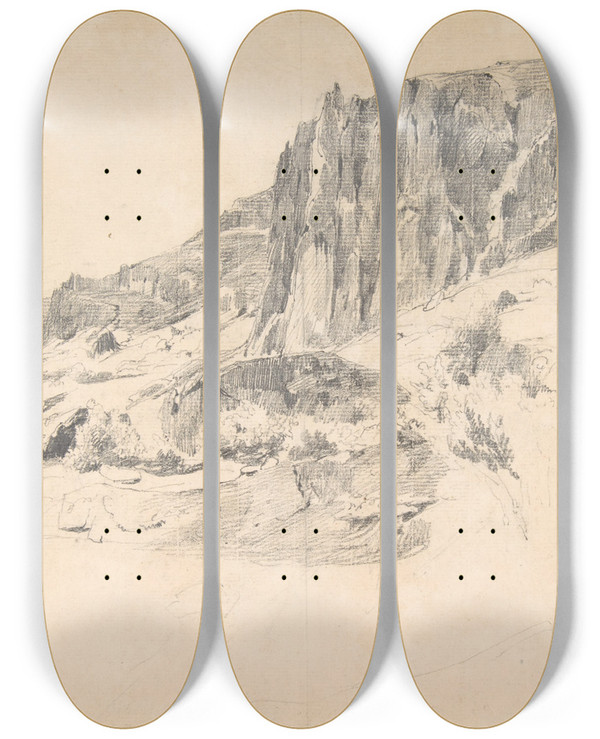 Triptych art skateboard deck of Thodore Rousseau Cliffs Of Malbec At Montdore The Auvergne by Theodore Rousseau (1812-1867)