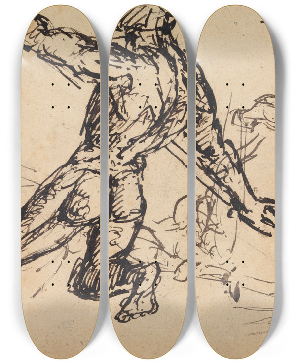Triptych art skateboard deck of Benjamin Robert Haydon Figure Studies Of A Nude Male With Spear_2 by Benjamin Robert Haydon (1786-1846)