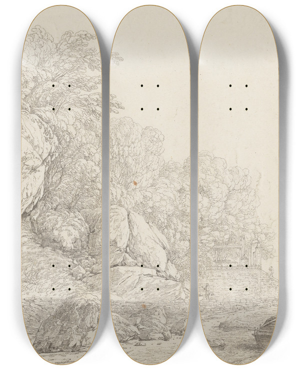 Triptych art skateboard deck of John Webber View In Macao by John Webber (1751-1793)