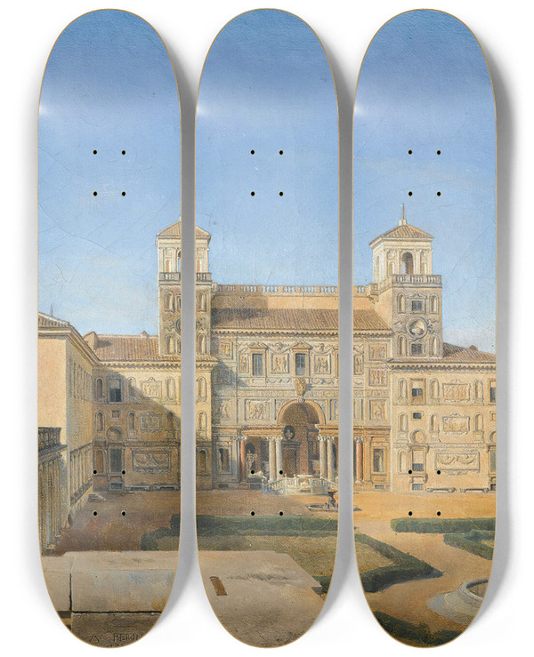Triptych art skateboard deck of Alphonsehenri Perin View Of The Villa Medicis Gardens Rome by Alphonse Henri Perin (1798-1874)