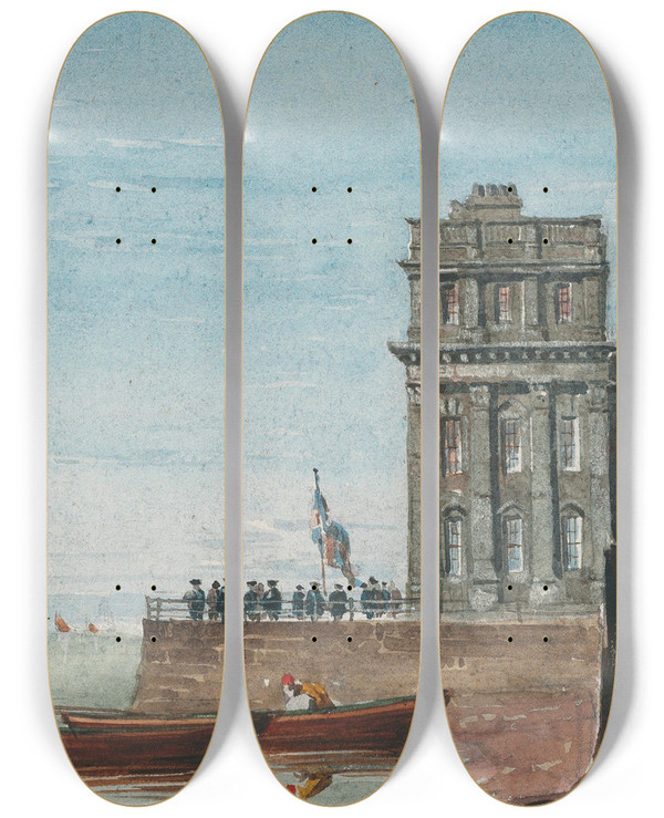 Triptych art skateboard deck of David Cox The Old Customs House Greenwich by David Cox (1783-1859)