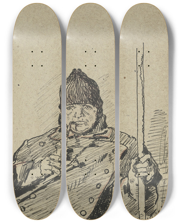 Triptych art skateboard deck of Ferdinand Balzer Portrait Of A Shepherds Wife by Ferdinand Balzer (1872-1916)