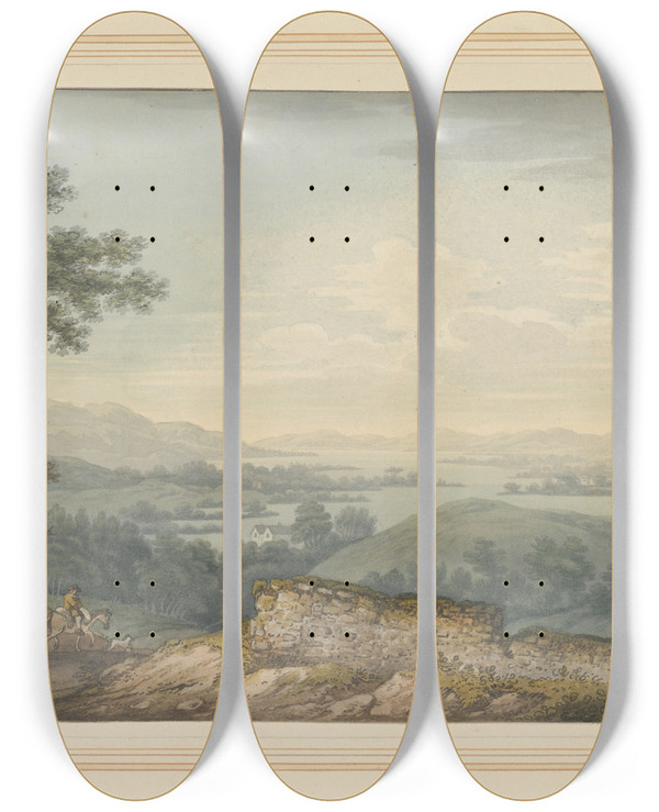 Triptych art skateboard deck of Joseph Farington View Over Windermere Great Island by Joseph Farington (1747-1821)