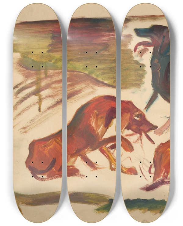 Triptych art skateboard deck of Arnold Peter Weiszkubnan Dogs In A Landscape by Arnold Peter Weisz-Kubnan (1898-1944)