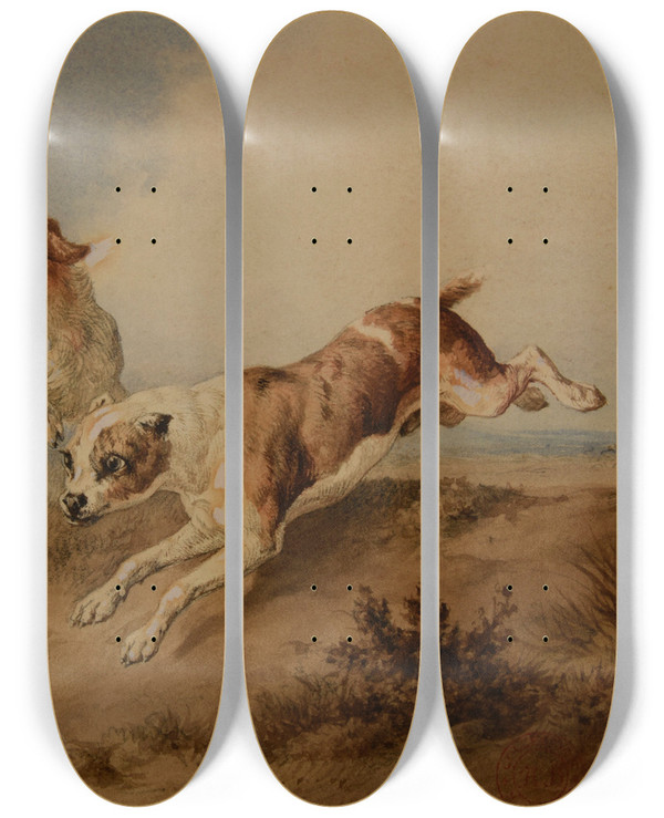 Triptych art skateboard deck of Jacquesraymond Brascassat Chiens La Poursuite Dun Lapin by Jacques Raymond Brascassat (1804-1867)
