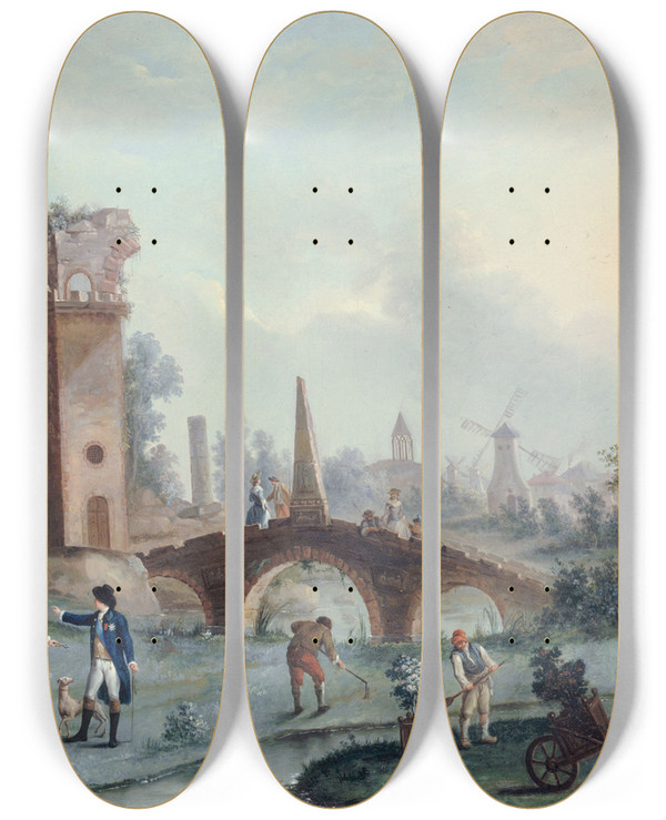 Triptych art skateboard deck of Louis Carrogis Carmontelle Vue Des Jardins De Monceau by Louis Carrogis Carmontelle (1717-1806)
