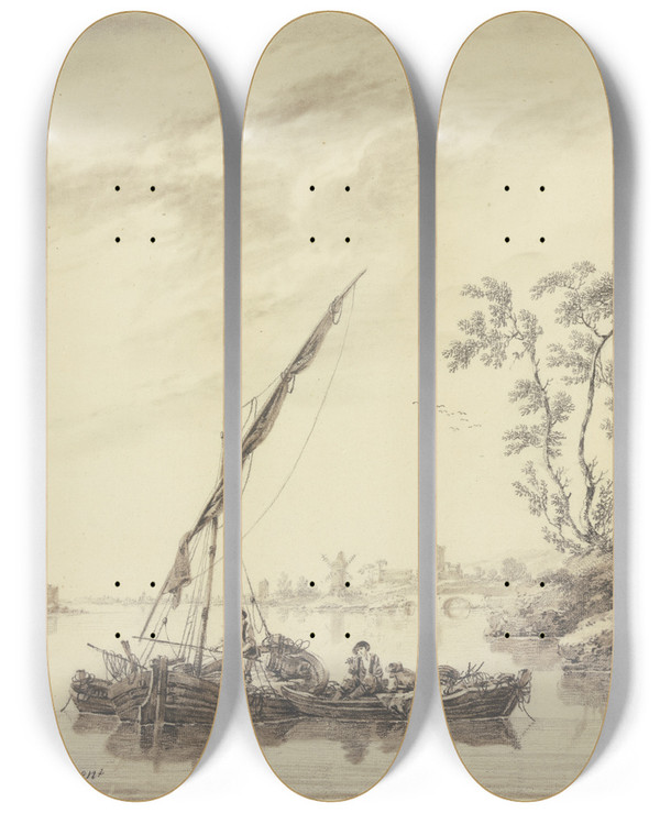 Triptych art skateboard deck of Jeanbaptiste Pillement Flache Kstenlandschaft Mit Einem Alten Turm Und Windmhle by Jean-Baptiste Pillement (1728-1808)
