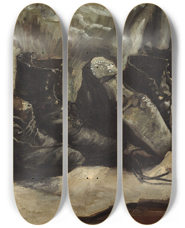 Triptych art skateboard deck of Vincent Van Gogh Three Pairs Of Shoes by Vincent van Gogh (1853-1890)