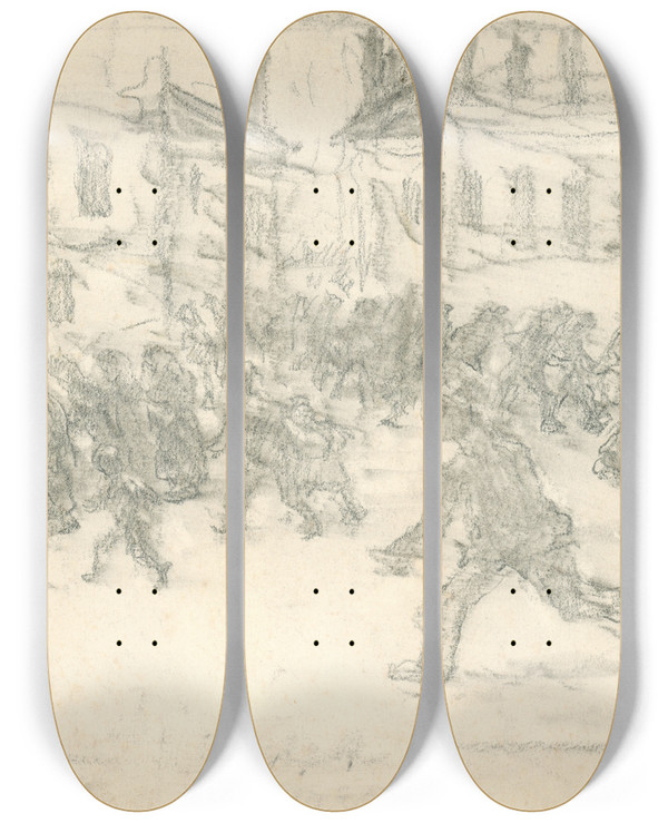 Triptych art skateboard deck of Elemr Halszhradil Air Raid Alert by Elemir Halasz Hradil (1873-1948)