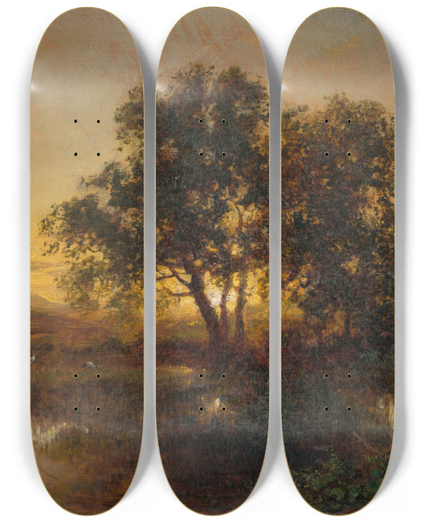 Triptych art skateboard deck of Alexander Brodszky Early Evening Landscape by Alexander Brodszky (1819-1901)