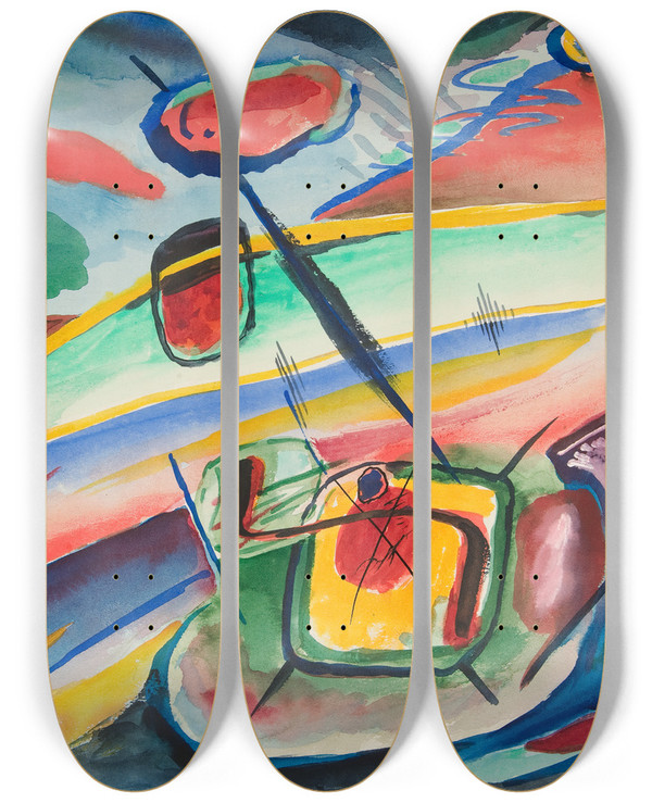 Triptych art skateboard deck of Rudolf Bauer Untitled Abstractforms_3 by Rudolf Bauer (1889-1953)