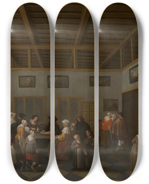 Triptych art skateboard deck of Joost Cornelisz Droochsloot Armenkamer In Utrecht by Joost Cornelisz Droochsloot (1586-1666)