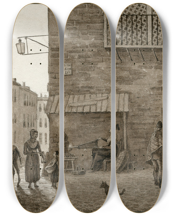 Triptych art skateboard deck of Otto Howen Straatgezicht Te Madrid by Otto Howen (1774-1848)