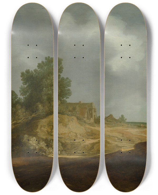 Triptych art skateboard deck of Pieter De Molijn Landscape With A Cottage_1 by Pieter de Molijn (1595-1661)