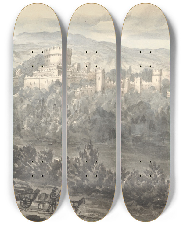 Triptych art skateboard deck of Anne Rushout Gwrich Castle From The Road August 1830 by Anne Rushout (1767-1849)