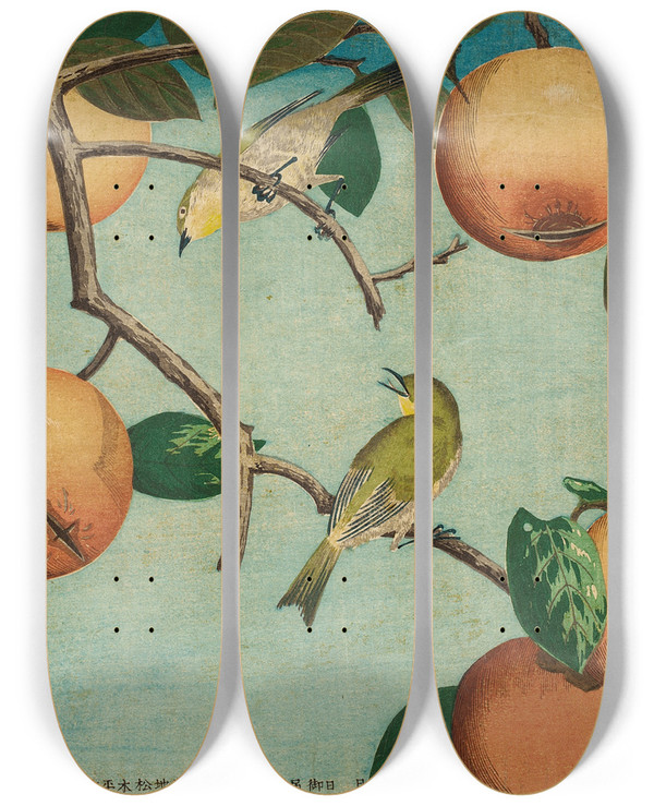 Triptych art skateboard deck of Kobayashi Kiyochika Persimmons And Whiteeyes by Kobayashi Kiyochika (1847-1915)
