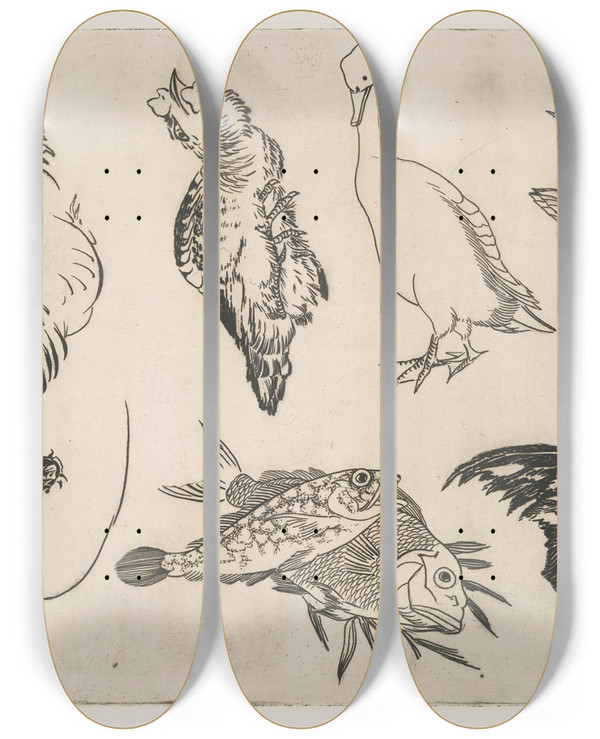 Triptych art skateboard deck of Flix Bracquemond Canards Poissons Etc by Felix Bracquemond (1833-1914)