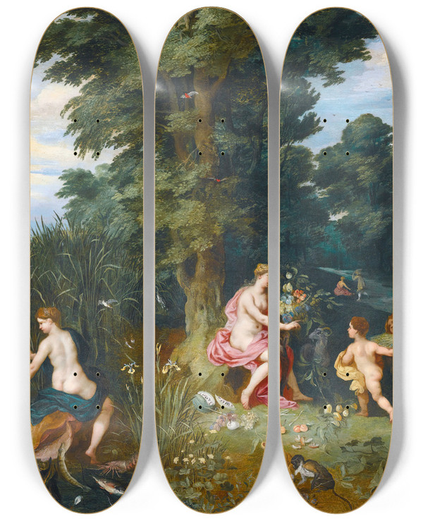 Triptych art skateboard deck of Jan Brueghel The Younger Allegory Of The Four Elements_2 by Jan Brueghel the Younger (1601-1678)