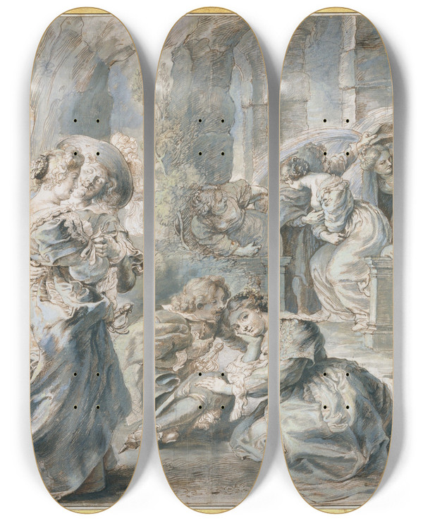 Triptych art skateboard deck of Peter Paul Rubens The Garden Of Love Left Portion by Peter Paul Rubens (1577-1640)