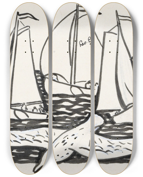Triptych art skateboard deck of Leo Gestel Drie Zeilschepen En Een Meeuw by Leo Gestel (1881-1941)