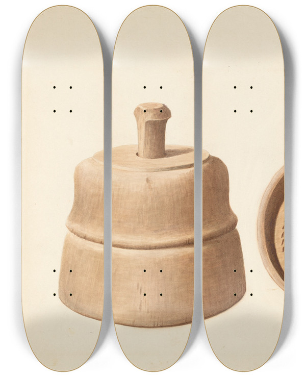 Triptych art skateboard deck of Wilford H Shurtliff Butter Mold by Wilford H Shurtliff