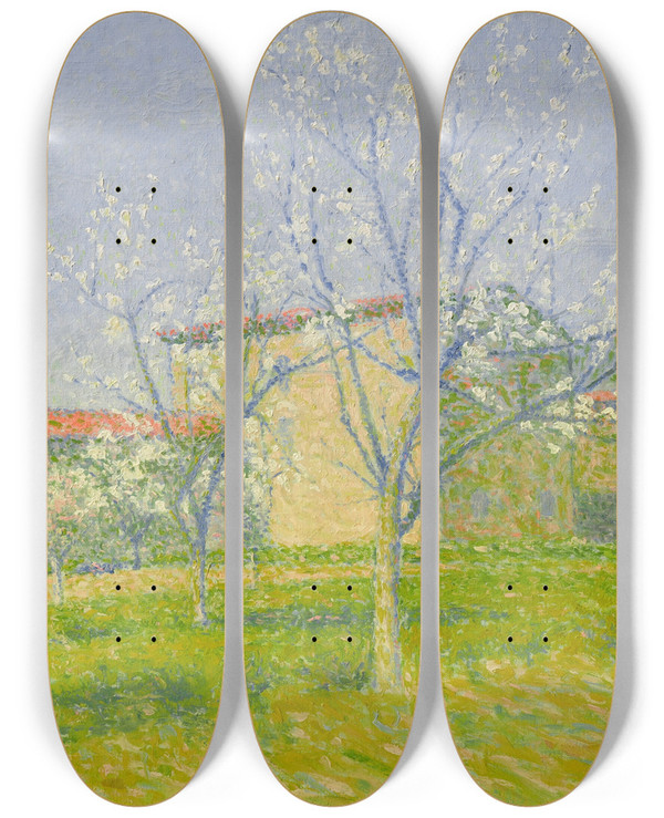 Triptych art skateboard deck of Achille Laug Verger En Fleurs Aletlesbains Aude by Achille Lauge (1861-1944)