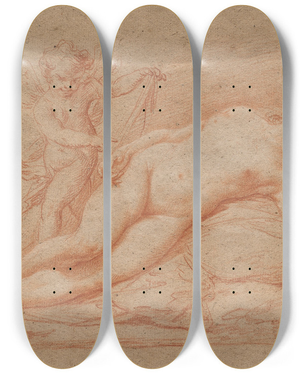 Triptych art skateboard deck of Giovanni Battista Cipriani Reclining Nude With Cupid by Giovanni Battista Cipriani (1727-1785)
